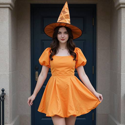 Photograph of a young woman with fair skin, long dark hair, wearing an orange witch costume with puffed sleeves and a pointed hat, standing in