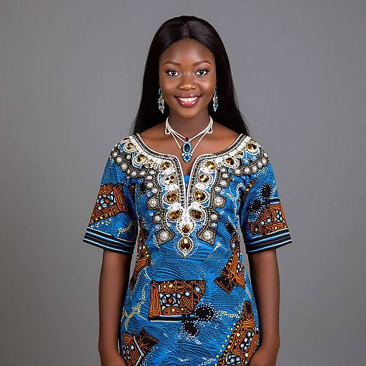 Photograph of smiling Black woman with long straight hair, wearing blue embroidered dress with white, orange, and black patterns, against gray background.