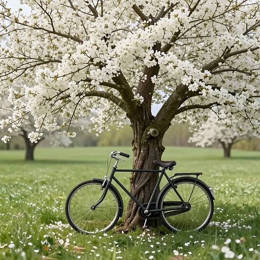 Photograph of a black bicycle leaning against a blooming white cherry tree in a sunlit, green meadow with scattered white flowers.