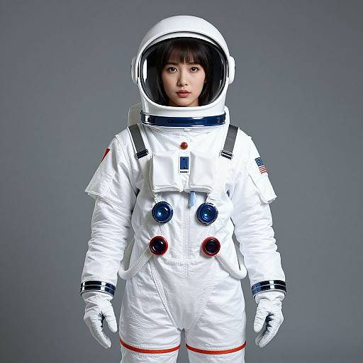 Photograph of an Asian woman in a white astronaut suit with blue and red buttons, gray background, looking directly at the camera.