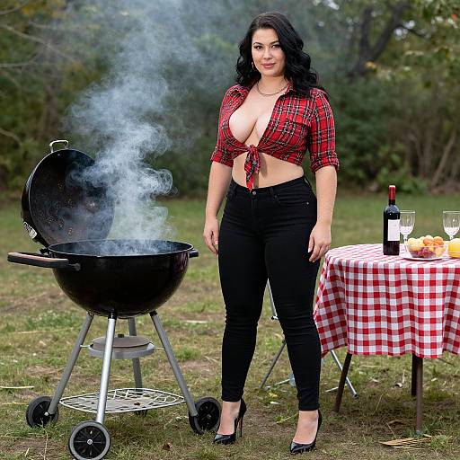 Photograph of a curvy woman with black hair, wearing a red plaid tied top and black pants, standing by a smoking grill, with a
