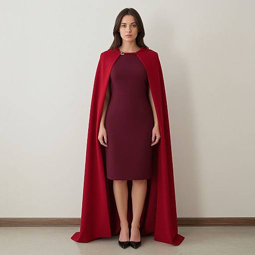 Photograph of a woman with long dark hair, wearing a red cape over a maroon dress, standing against a plain white wall. Black high heels