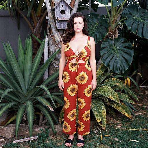 Photograph of a fair-skinned woman with long dark hair in a red sunflower-patterned romper, standing in a lush garden with various plants