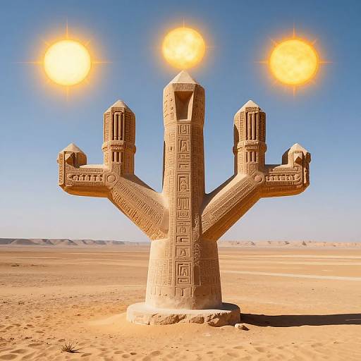 Photograph of a three-sunlit, sandstone Y-shaped structure with intricate geometric carvings, standing in a vast, sandy desert under a