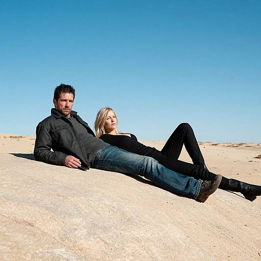 Photograph of a couple lounging on a sandy dune under a clear blue sky; both wear black jackets and jeans, with the man on the