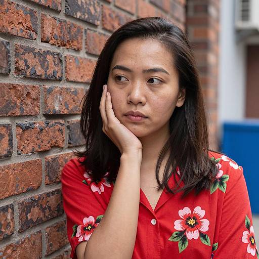 Contemplative Asian Woman in Floral Shirt