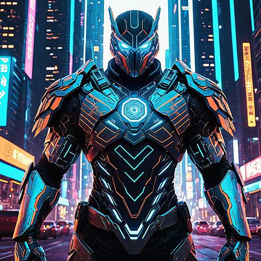 Cybernetic Hawk Warrior in Neon Futuristic City