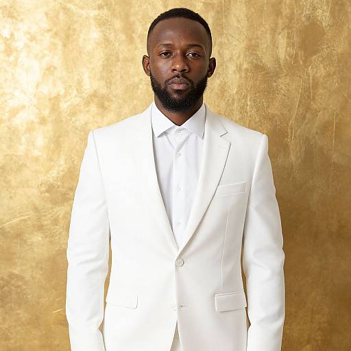 Photograph of a serious, bearded Black man in a white suit, standing against a textured, golden background. Formal, elegant, and confident.