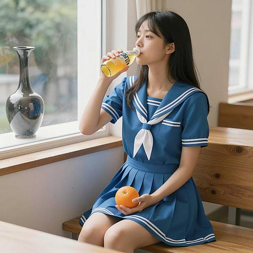 Asian Woman in Blue Sailor Dress Drinking Beverage