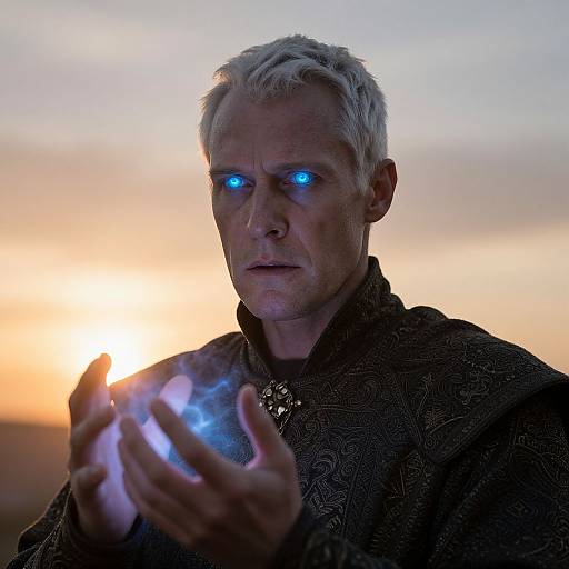 Photograph of a white-haired man with glowing blue eyes, wearing a dark, patterned robe, holding a glowing blue orb against a sunset sky.
