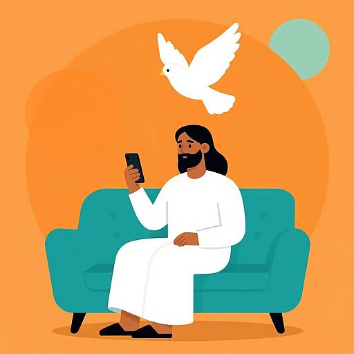 Cartoon of a bearded man in white robe, sitting on teal sofa, holding phone, white dove flying above, orange background.