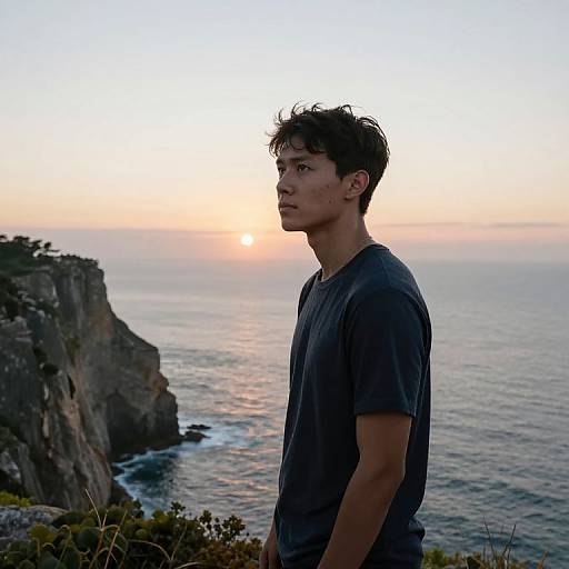 Photograph of a young man with tousled dark hair, wearing a gray t-shirt, standing in profile against a coastal sunset. Rocky cliffs and ocean
