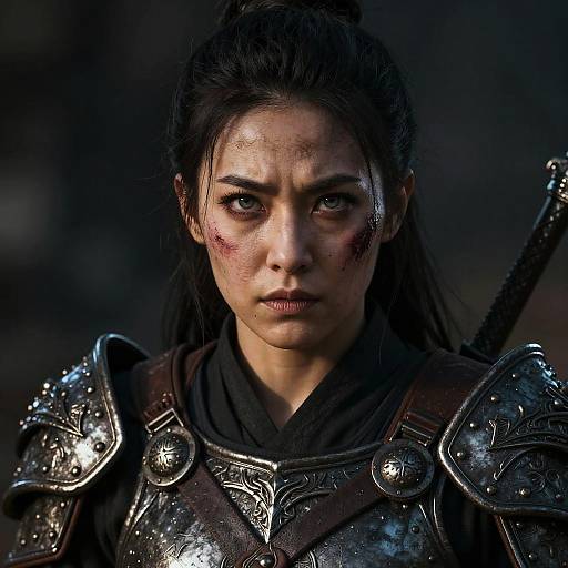 Photorealistic CGI of a fierce, dark-haired woman with intense eyes, wearing detailed, silver-embellished armor, and a black cloak,