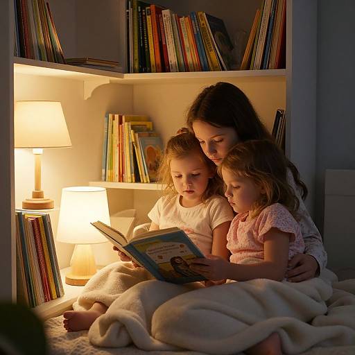 Photograph of a mother with two young daughters, reading a book under a warm lamp, surrounded by bookshelves in a cozy bedroom.
