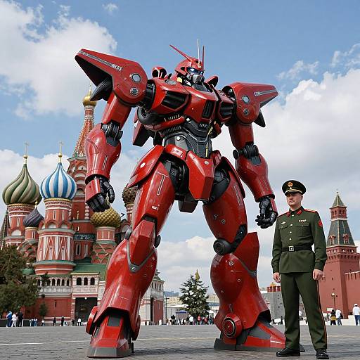 Photograph of a red, towering mecha robot standing next to a military officer in front of the colorful Kremlin towers.