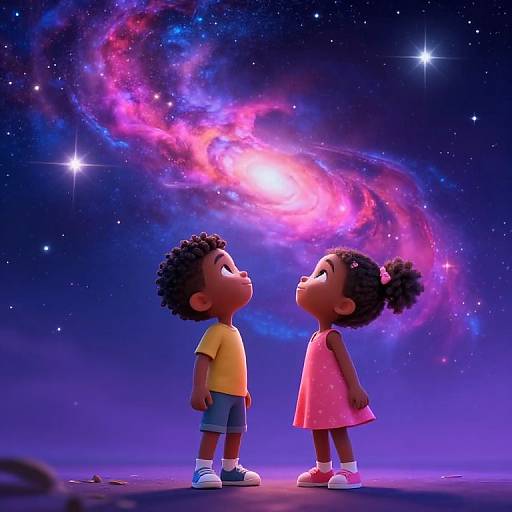 Pixar-Style Kids Gazing at Stars