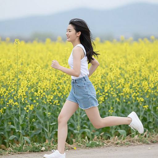 Young Woman Running in Canola Field