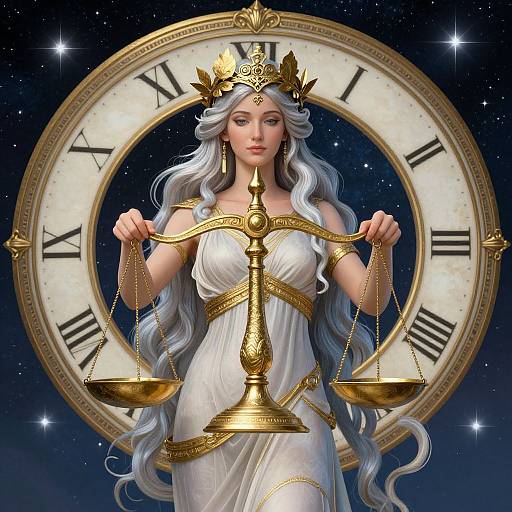 Digital artwork of a fair-skinned, blue-haired goddess in a white, gold-accented dress, balancing scales, with a large clock background and
