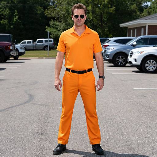 Photograph of a tall, muscular man in bright orange polo and pants, black belt, black shoes, sunglasses, standing in a sunny parking lot.