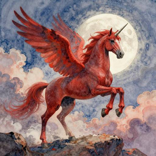 Crimson Pegasus Under Ethereal Moonlit Sky