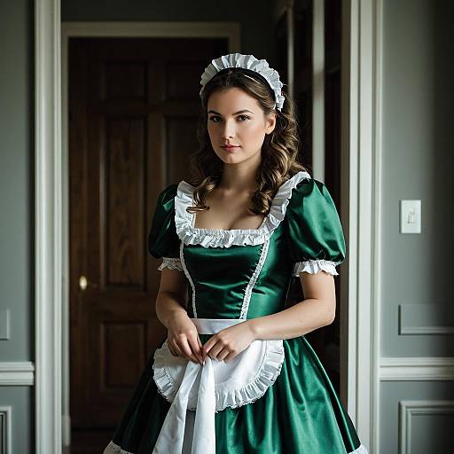 Young Woman in Green Satin French Maid Dress