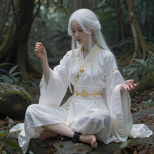 Serene White-Haired Woman in Jungle