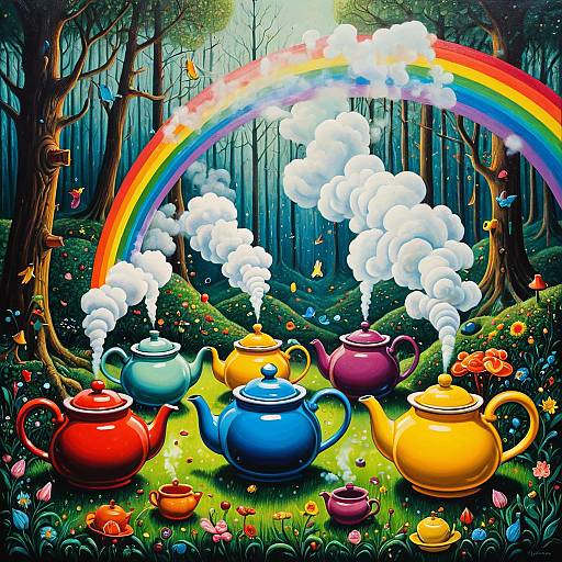 Surreal Smiling Teapots with Rainbow Steam