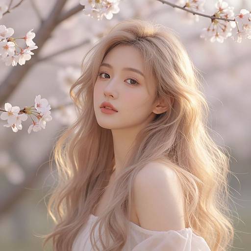 Photograph of a young Asian woman with long, wavy, blonde hair, soft pink lips, and light makeup, surrounded by blooming cherry bloss