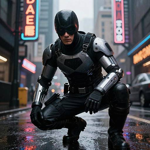 Photorealistic CGI: Masked, armored superhero in crouched stance on rainy city street, neon lights reflecting on wet pavement, urban night backdrop
