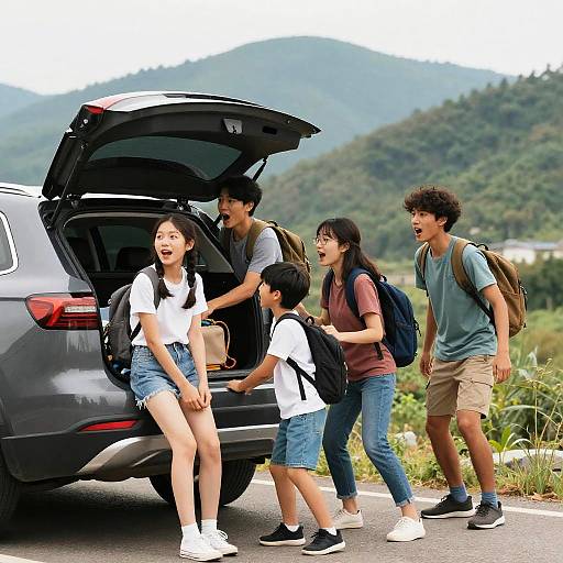Photograph of five Asian teenagers with backpacks, packing a gray SUV's open trunk in a lush, mountainous area. All look excited and engaged