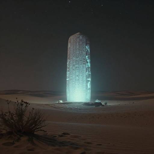 Photograph of a futuristic, illuminated skyscraper standing alone in a dark, desert landscape at night, with stars visible in the sky.