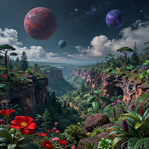 Digital art of a vibrant, fantasy landscape with towering cliffs, colorful flowers, lush greenery, and three large planets in a starry night sky.