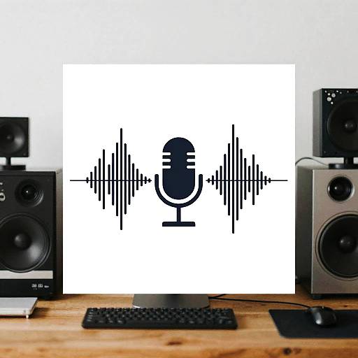 Photograph of a wooden desk with two black speakers, a keyboard, and a computer screen displaying a black and white audio waveform icon.