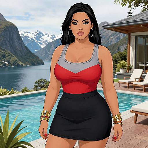 Digital illustration of a curvy woman with long black hair, red and gray top, black skirt, gold bracelets, standing by a mountain lake pool.