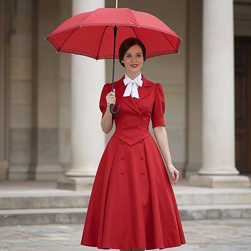 Photograph of a smiling woman with dark hair, wearing a vibrant red 1950s-style dress and white bow, holding a red umbrella, standing
