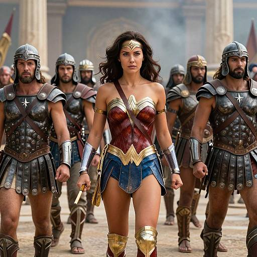 Photorealistic CGI of Wonder Woman, in iconic costume, leading Roman legionnaires with metal armor, in ancient amphitheater setting. Smoky background