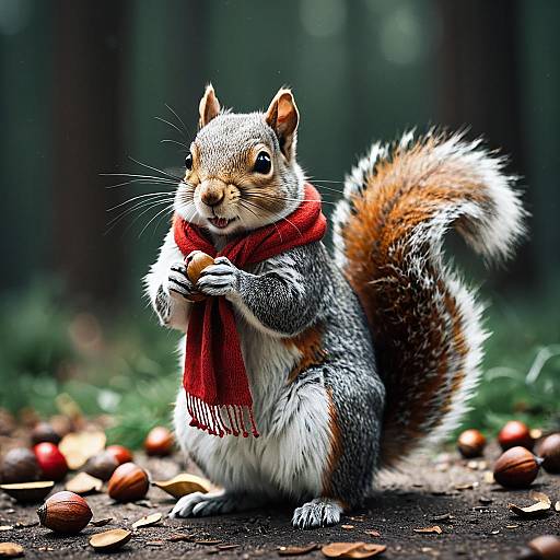 Squirrel Wearing Red Scarf Holding Acorn
