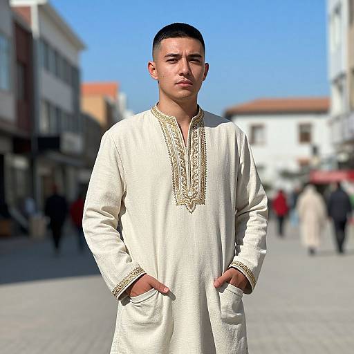 Photograph of a young Asian man with short black hair, wearing a white traditional long-sleeve tunic with gold embroidery, standing with hands in