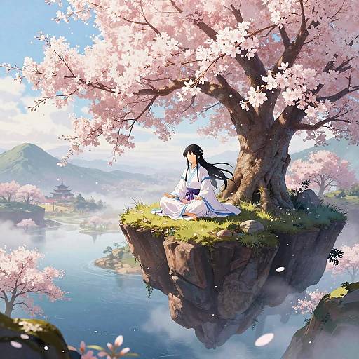 Anime-style digital art: Black-haired girl in white kimono sits beneath pink cherry blossoms on a floating rock above a serene lake.