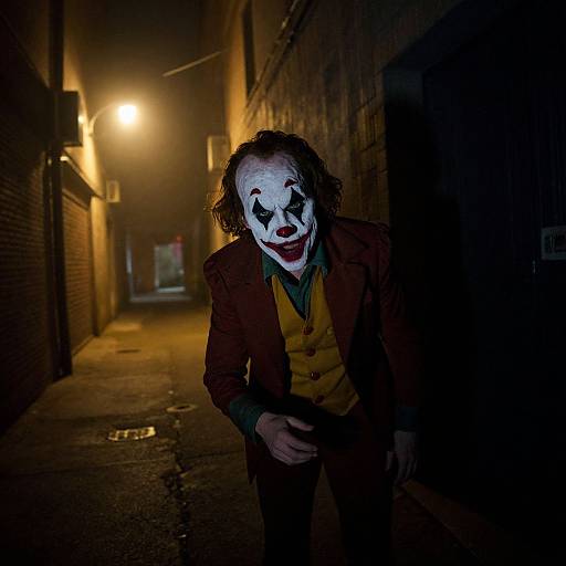 Photograph of a creepy Joker in a dark alley, illuminated by a single streetlight, wearing a red jacket and white face paint with black eyes and