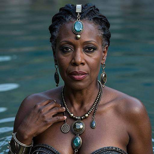 Photograph of a dark-skinned woman with braided hair, wearing intricate black and green jewelry, standing in water, with a focused expression.