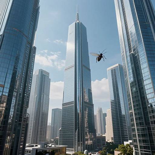 Photograph of a skyscraper-filled urban landscape with a large fly flying near the center, clear blue sky, and reflective glass buildings.