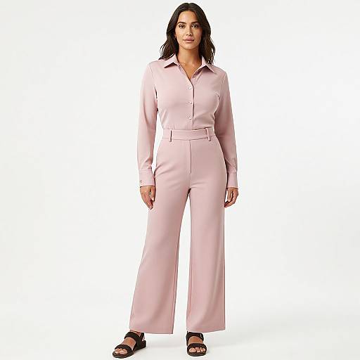 Photograph of a confident woman with long dark hair, wearing a pale pink, long-sleeve, button-up jumpsuit and black sandals, standing