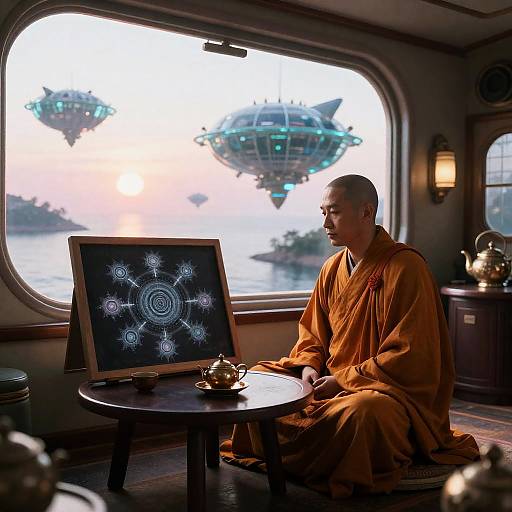 Photograph of a bald Buddhist monk in orange robes, meditating on a round table with a mandala screen, in a ship cabin, with futuristic