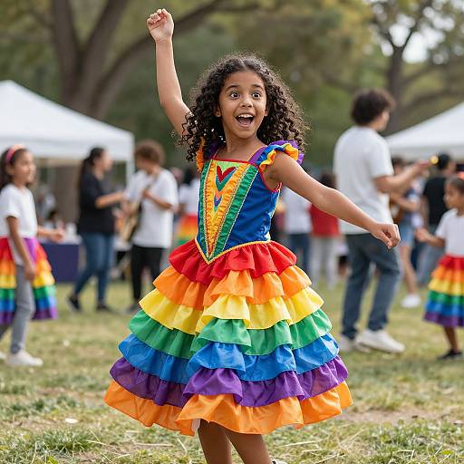 Photograph of a joyful young girl with curly hair, wearing a vibrant rainbow dress, raising her arm at an outdoor event.