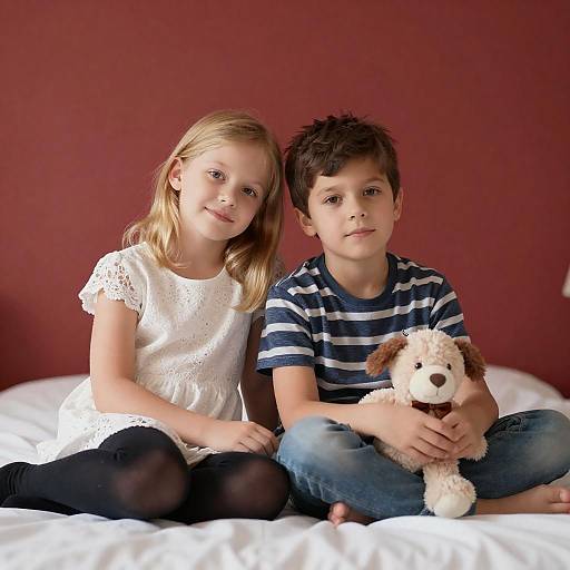 Two Children Sitting on Bed with Stuffed Animal