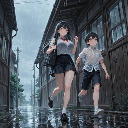 Siblings Running in the Rain in School Uniforms