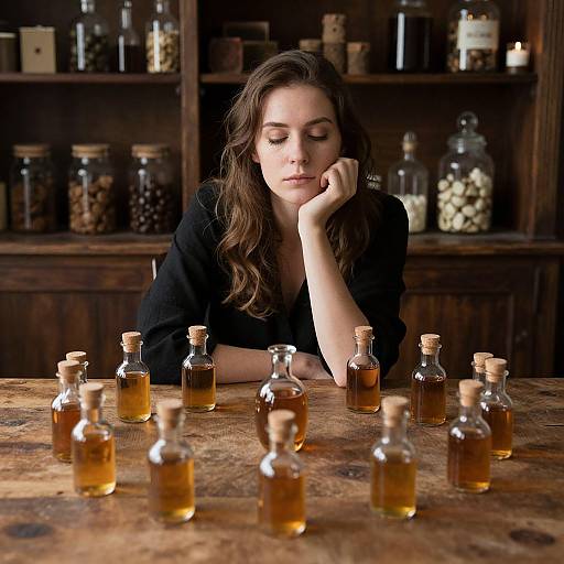 Photograph of a pensive young woman with long brown hair, wearing a black blouse, resting her cheek on her hand, surrounded by small glass bottles