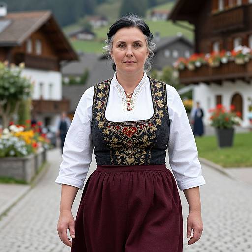 Photograph of a middle-aged Caucasian woman with black hair in a traditional Bavarian dress, standing on a cobblestone street in a picturesque village with