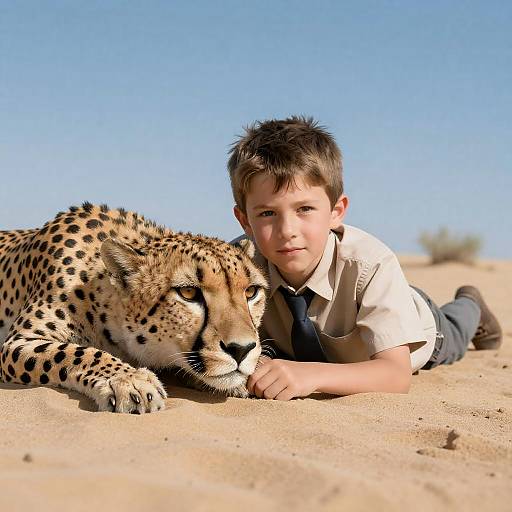 Boy and Cheetah in Desert Landscape